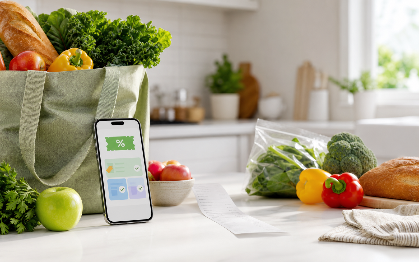 Groceries, a receipt, and a phone showing a simple savings interface on a kitchen counter.